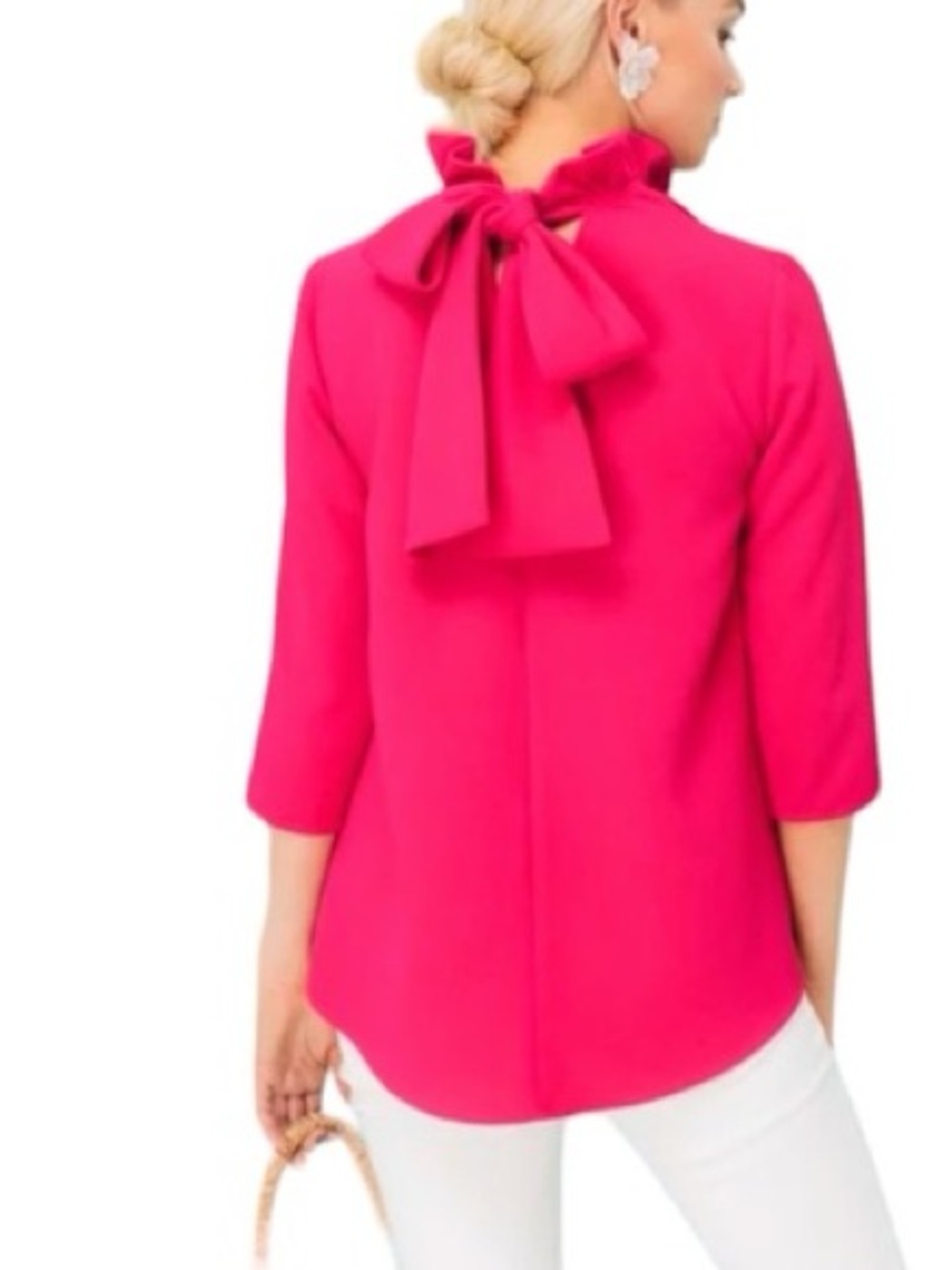 Pomander Place Faye tie neck ruffle Top in Fuchsia sz S